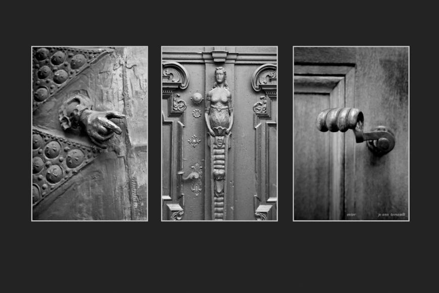Enter triptych image art for-sale on line 3 images of door knockers and handles